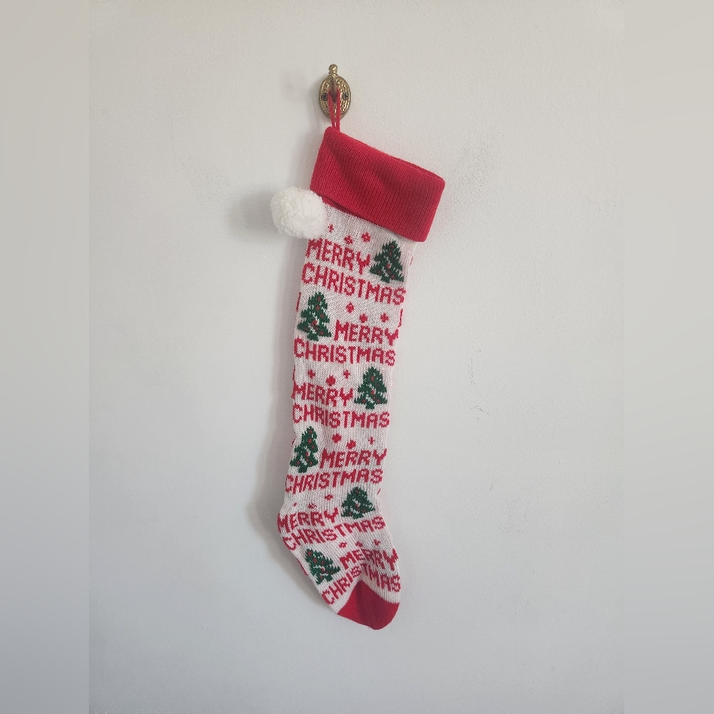 Vintage Merry Christmas Pom Pom Stocking